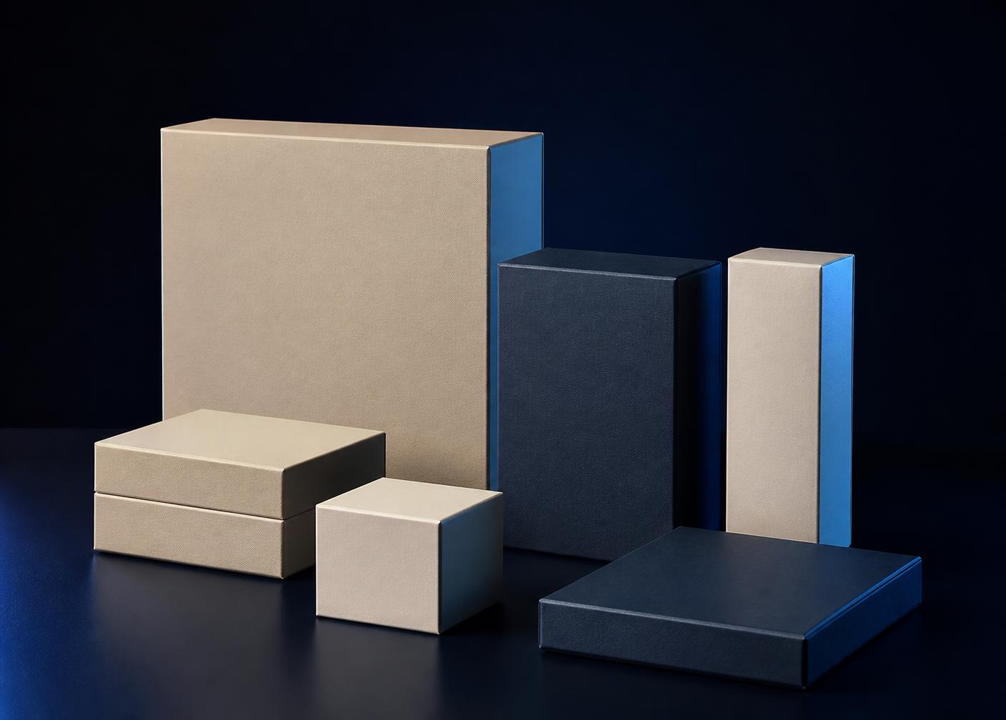 Premium unbranded product packaging arranged on a dark navy surface